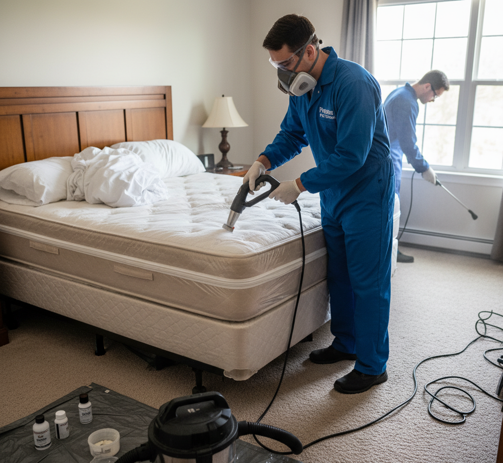Pest Control in Encinitas team performing a detailed bed bug treatment inside a home.
