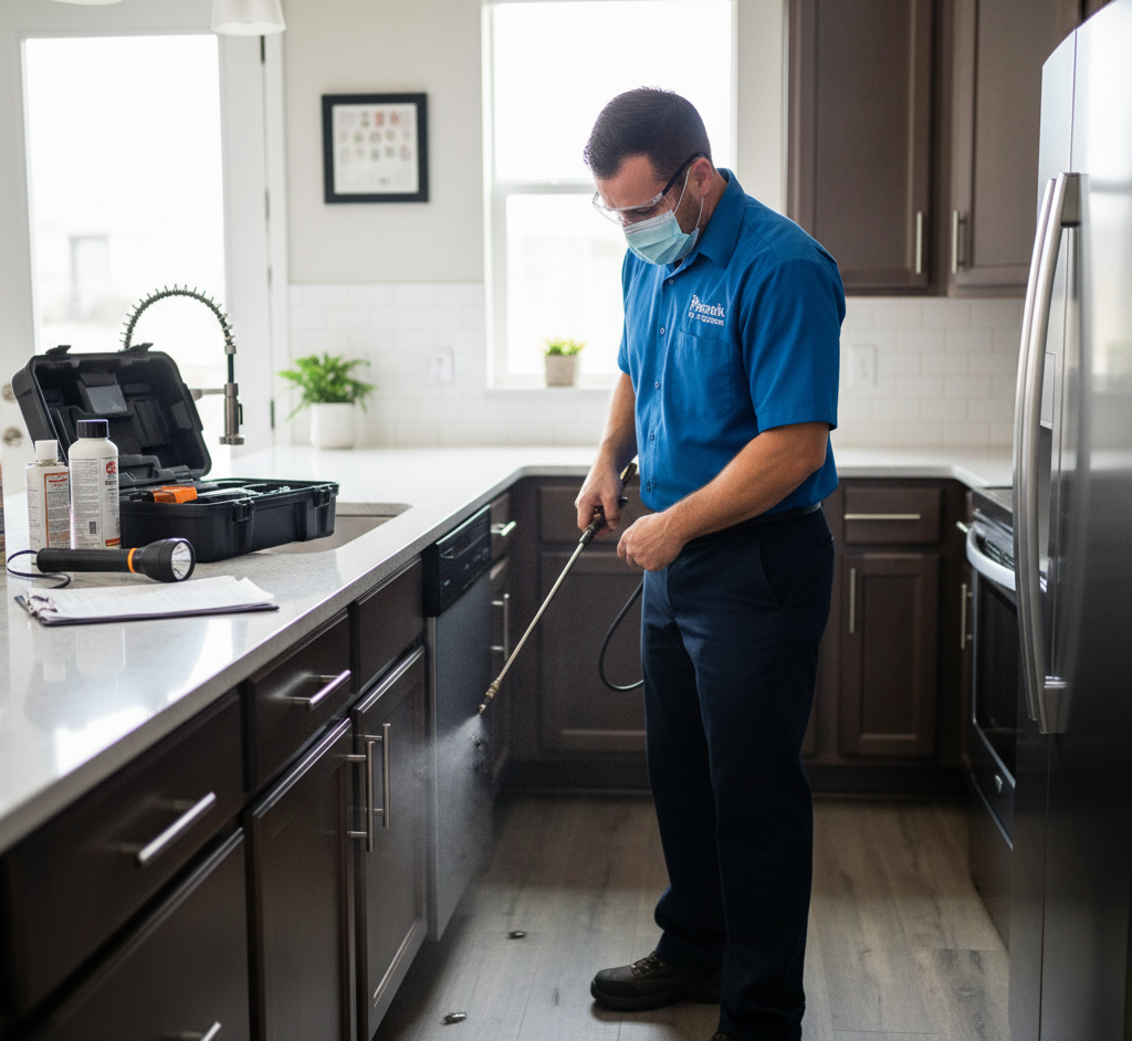 Pest Control in Encinitas technician treating kitchen cabinets and baseboards for roaches and ants.