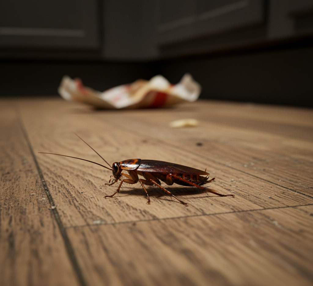 Cockroach on a kitchen floor before professional Pest Control in Encinitas treatment.